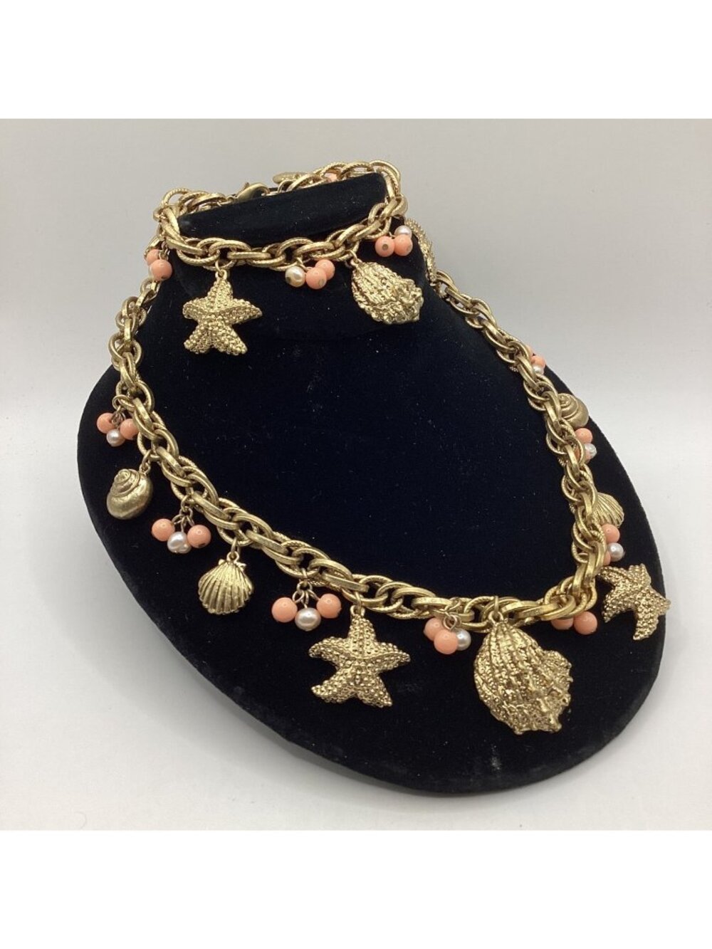 Talbots Gold Tone Necklace-Bracelet Nautical Charms Coral Beads Shells Vintage